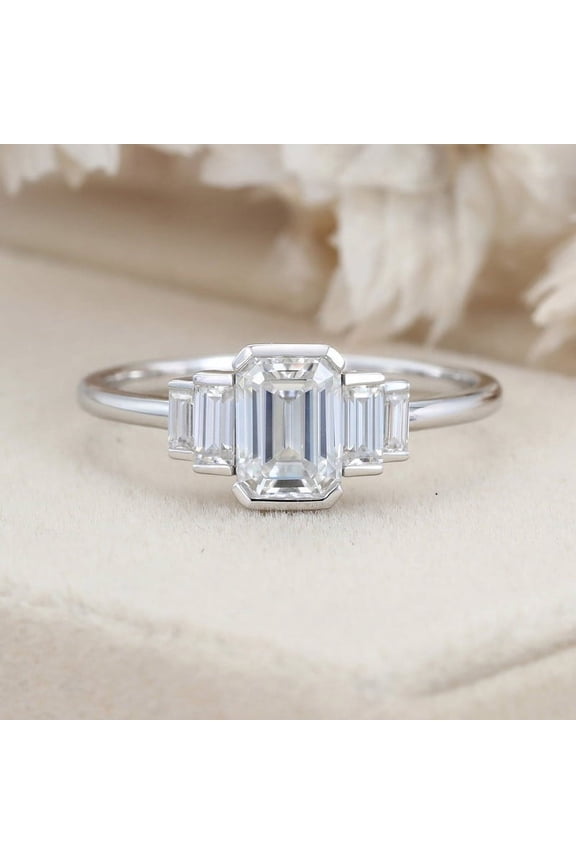 s Half Bezel Set 1.5Ct Emerald Cut Moissanite Ring - 14K White Gold Plated Ring - Wedding Five Stone Ring for Women's - Personalized Jewelry for Her - Moissanite Ring