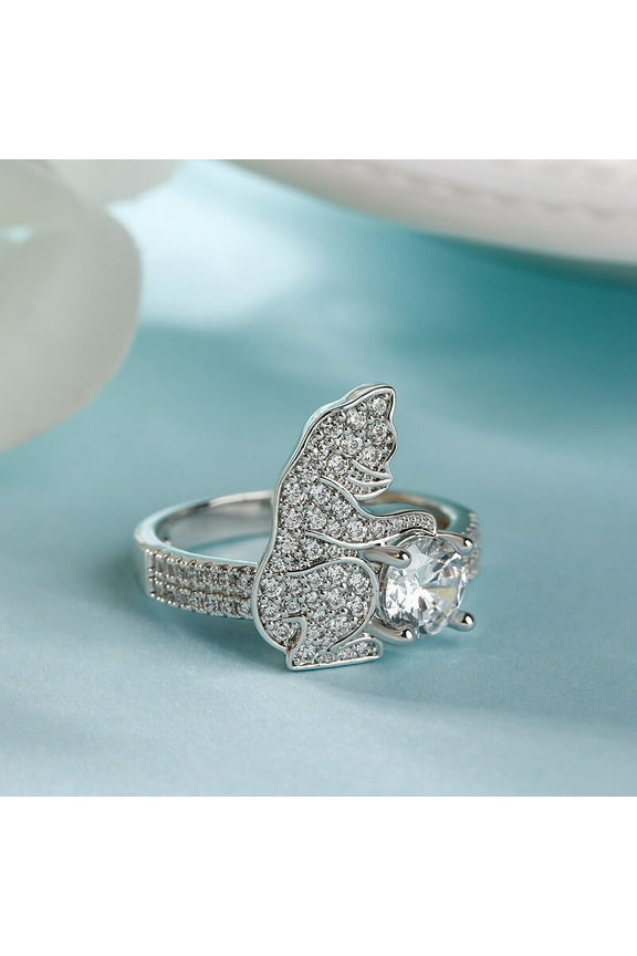 Lab Created Round Cut 1.2 Ct Diamond Rings for Women's - Bypass Diamond Cute Cat Rings for Animal Lover - 14K White Gold Over Rings - Kitty Cat Rings - Best Silver Gift for Cat Lovers