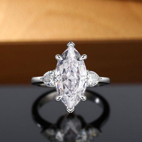 Eclet Jewels Marquise Cut Excellent 2.1 Ct Diamond Ring For Women's - Silver 14K White Gold Plated Rings - 3 Stone Diamond Rings for Women's - Marquise Solitaire with Heart Accent Rings for Women's