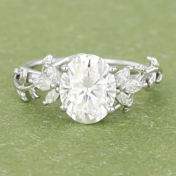 Eclet Jewels Oval Cut 2.1 Ct Excellent Lab Created Diamond Ring - 14K White Gold Plated Anniversary Silver Ring for Women's - Leafy Shape Diamond Wedding Swirl Ring - Daily Wear Fine Jewelry