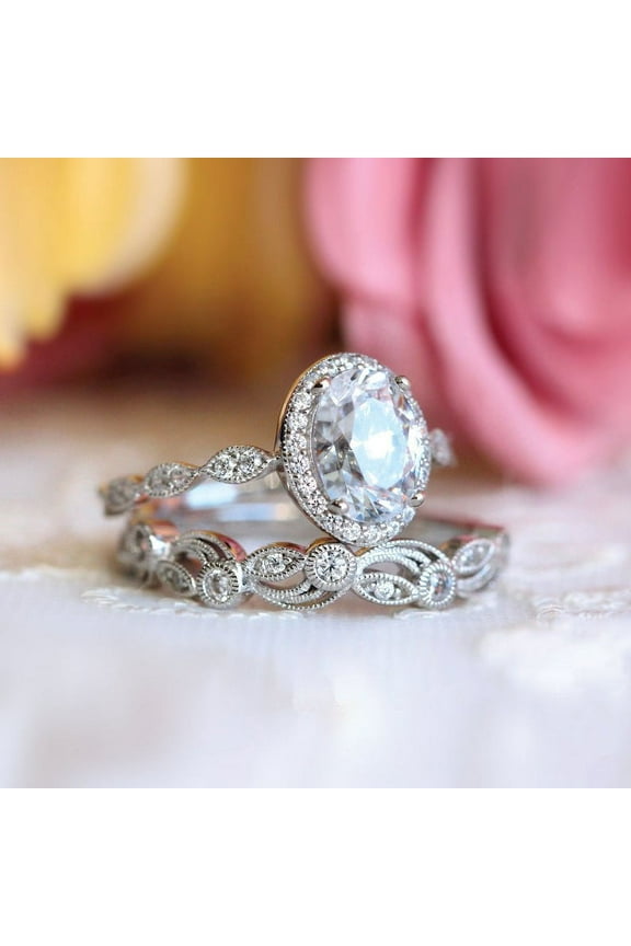 Oval Cut Excellent 2 Ct Diamond Rings For Couples - Silver 14K White Gold Plated Rings - Unique Bridal Set Rings for Gift - Wedding Rings for Couples - Promise Rings for Couples