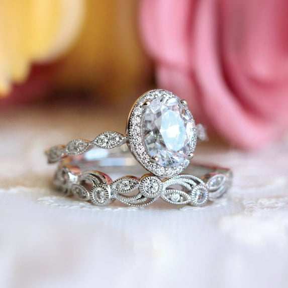 Eclet Jewels Oval Cut Excellent 2 Ct Diamond Rings For Couples - Silver 14K White Gold Over Rings - Unique Bridal Set Rings for Gift - Engagement Wedding Rings for Couples - Promise Rings for Couples