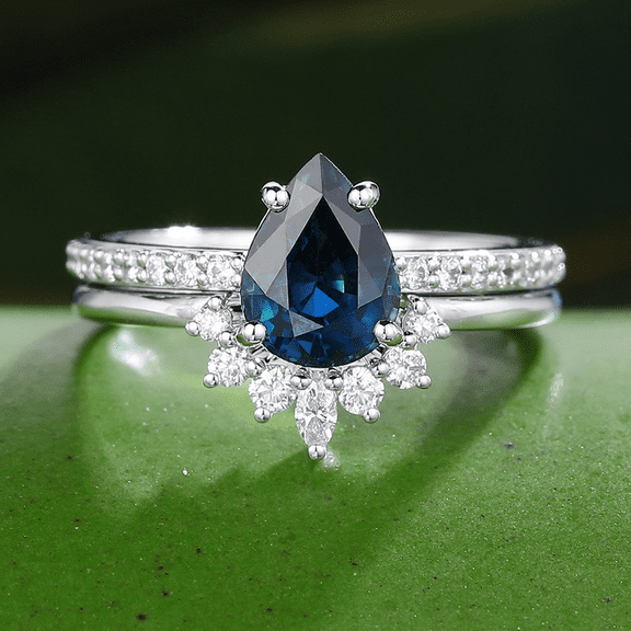 Eclet Jewels Pear Cut 2 Ct Blue Sapphire Ring Set - 14K White Gold Over Ring - Engagement Wedding Solitaire Ring with Matching Curved Band - Bridal Ring Set for Women's - Birthstone Ring Set for Her
