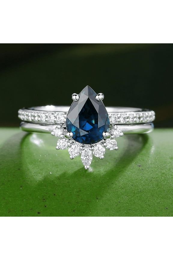 Pear Cut 2 Ct Blue Sapphire Ring Set - 14K White Gold Plated Ring -Wedding Solitaire Ring with Matching Curved Band - Bridal Ring Set for Women's - Birthstone Ring Set for Her