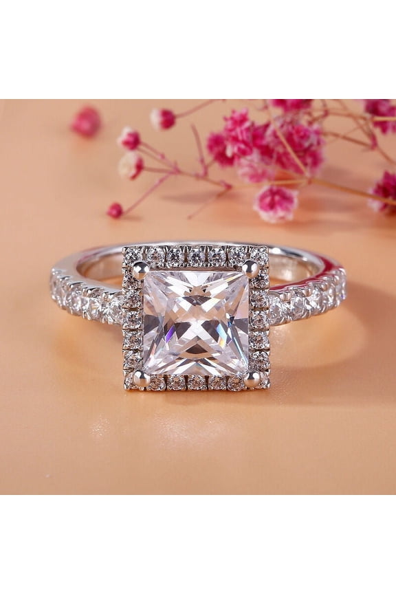 s Princess Cut 2.2 Ct Excellent VVS1/D Moissanite Ring - 14K White Gold Plated Ring - Stacking WeddingGlamorous Halo Ring for Women's - Daily Wear Moissanite Jewelry