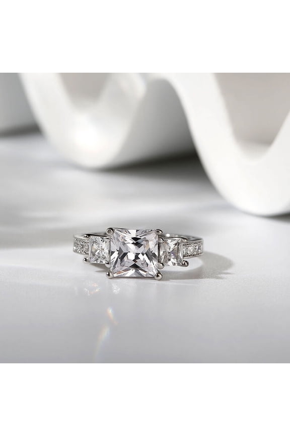 Prong Set 1.90 Ct Princess Cut Lab Created Diamond Ring - 14K White Gold Plated sing for Her - 3 Stone Birthday Ring for Women's - Simple Casual Wear Ring - Birthday Gift For Her