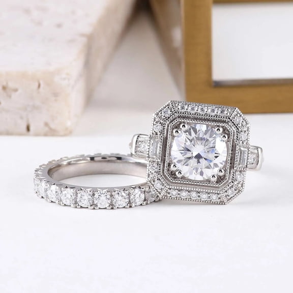 Eclet Jewels Round Cut 1.9 Ct VVS1/D Lab Created Simulated Diamond Ring - Silver 14K White Gold Over Ring - Milgrain Engagement Ring for Couple - Bridal Set Milgrain Diamond Ring - Anniversary Gifts