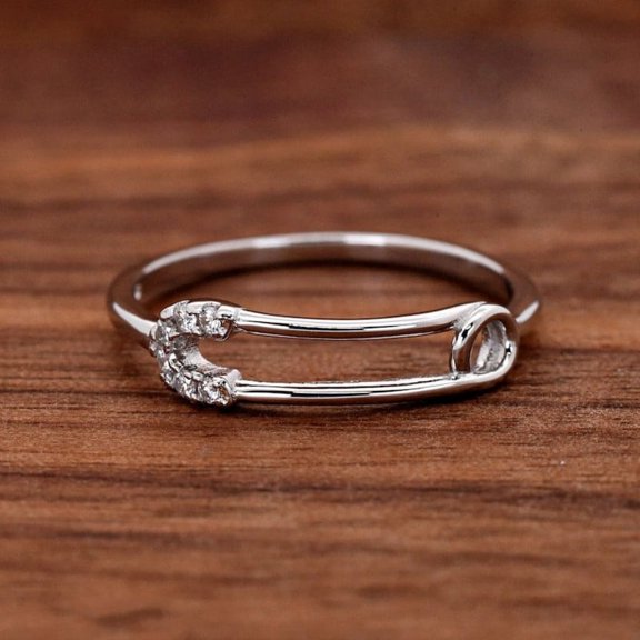 Eclet Jewels Silver 14K White Gold Over Ring - 0.4 Ct Round Brilliant Cut Diamond Ring - New Safety Pin Shaped Curved Antique Silver Plated Women Ring - Safety Pin Shape Diamond Rings for Women's