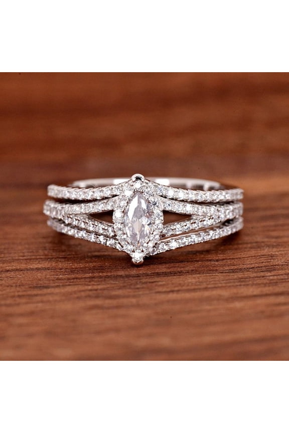 14K White Gold Plated Diamond Ring - Excellent 1.6 Ct Marquise Cut Lab Created Simulated Diamond Ring - Three Rings Set Diamond Rings for Women's - Halo Diamond Rings for Women's