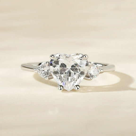 Eclet Jewels White Gold over 14K Silver Diamond Rings - Excellent 2 Ct Heart Cut Lab Created Simulated Diamond Ring - 3 Stone Diamond Ring for Her - Heart Solitaire with Round Accent Ring for women's