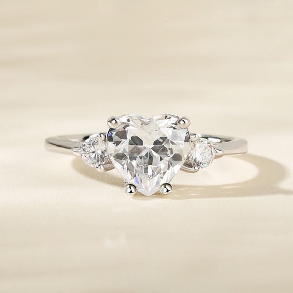 Eclet Jewels White Gold over 14K Silver Diamond Rings - Excellent 2 Ct Heart Cut Lab Created Simulated Diamond Ring - 3 Stone Diamond Ring for Her - Heart Solitaire with Round Accent Ring for women's