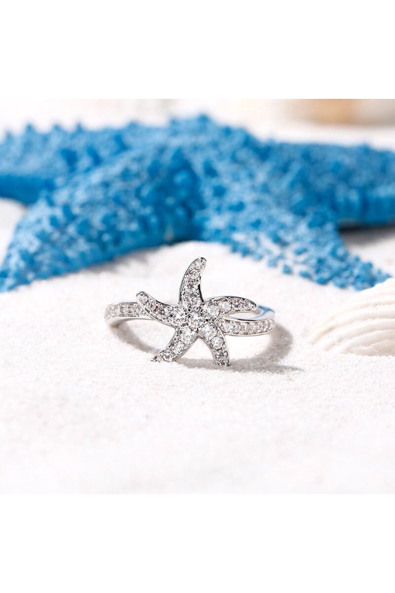 White Gold Over 14K Silver Diamond Ring - 0.8 Ct Round Brilliant Cut Diamond Ring - Unique Star Diamond Rings for Women's - Engagement Wedding Star Shape White Diamond Rings for Women's