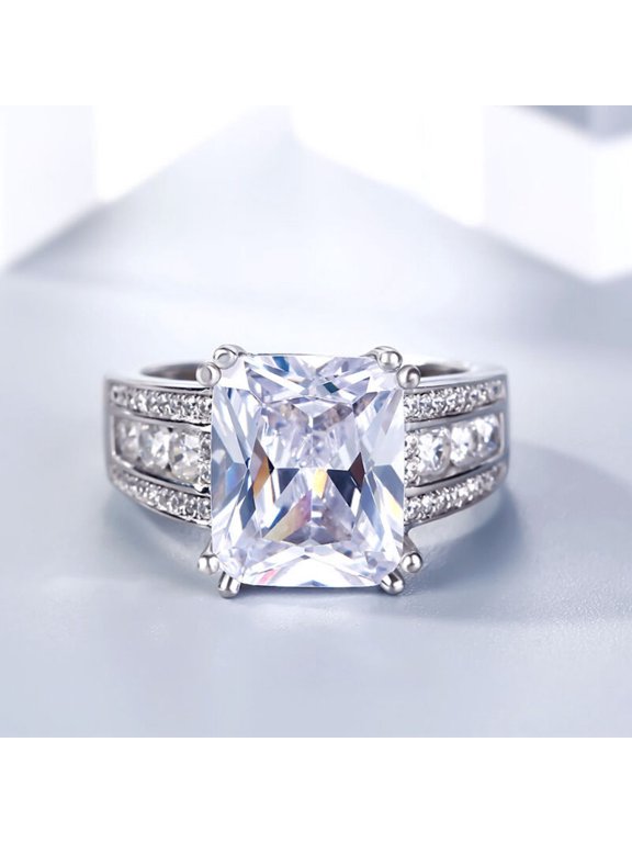 White Gold Over 14K Silver Diamond Ring - 2.1 Ct VVS1/D radiant Cut Lab Created Simulated Diamond Ring - Solitaire with Accent Diamond Rings for Women's - Engagement Wedding Diamond Ring