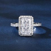 Eclet Jewels White Gold Over 14k Silver Diamond Ring - 2.1 Ct VVS1/D Radiant Cut Lab Created Simulated Diamond Ring - Halo Solitaire with Accent Engagement Ring - Forever Diamond Ring for Womens
