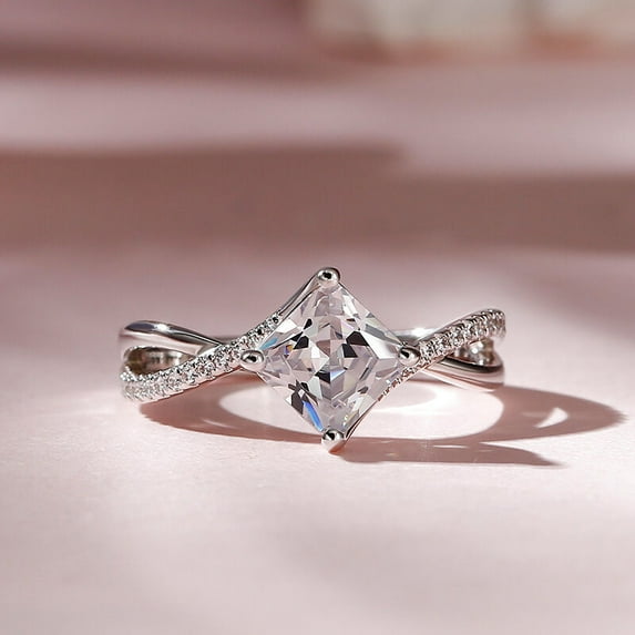 Eclet Jewels White Gold Over 14k Silver Diamond Ring - Excellent 2 Ct Princess Cut Lab Created Simulated Diamond Ring - Twisted Cross Over Shank Engagement Rings for Women's - Bypass Diamond Rings