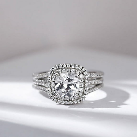 Eclet Jewes 2 Ct Cushion Cut Moissanite Ring for Her - 14K White Gold Plated Rings - Double Shank Engagement Ring with Matching Band for Women's - Beautiful Cushion Halo & Surprise Moissanite Rings