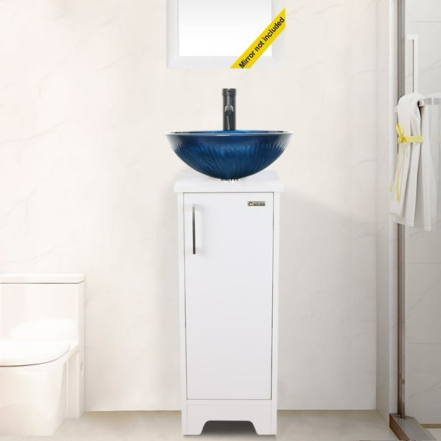 Eclife 13" Small Bathroom Vanity White Combo Tempered Glass Ceramics Vessel Sink Free-standing Cabinet Set blue round sink