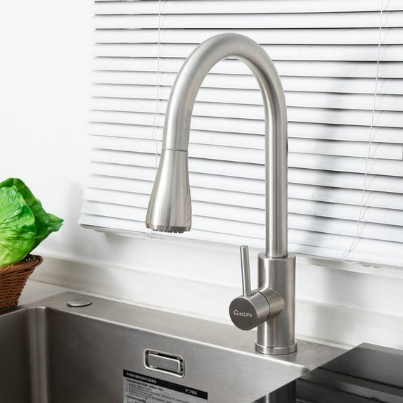 Eclife 15.75" Pull-Down Kitchen Faucet Sprayer with Water Lines, 4.42lbs High Arc Single Handle Sink Commercial Modern RV Stainless Steel, Brushed Nickel