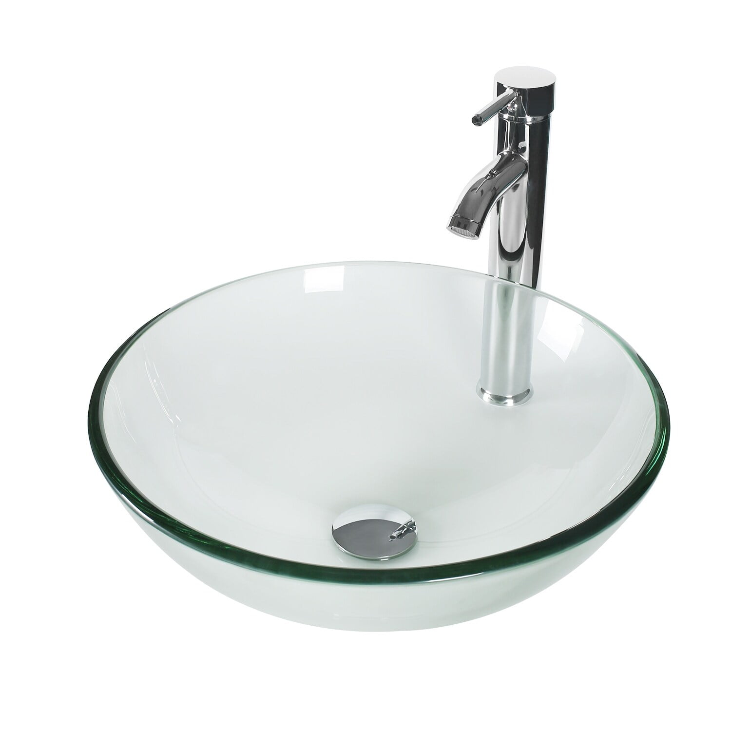 16.5" Clear Tempered Glass Round Vessel Sink with Chrome Faucet