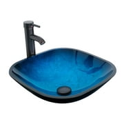 Eclife 16.5" Square Tempered Glass Bathroom Sink Combo with Faucet 1.5 GPM and Pop up Drain Bathroom Bowl,Blue