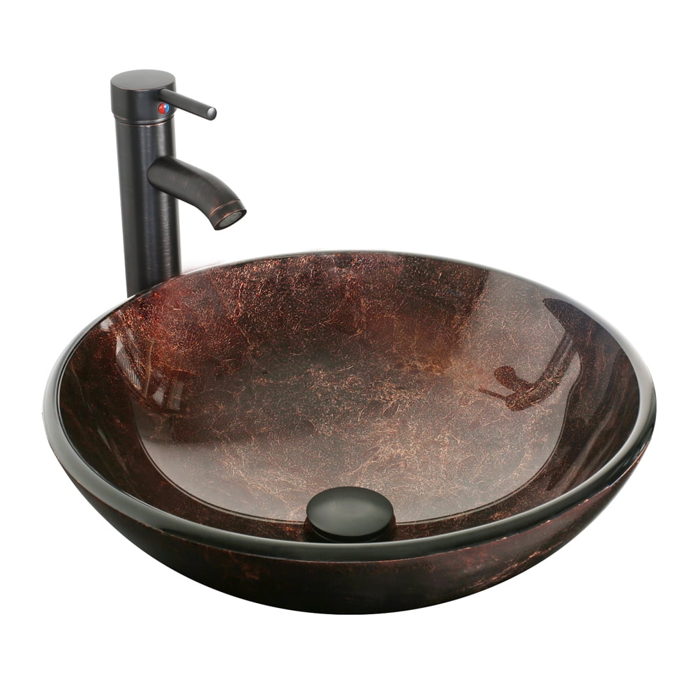 16.5" Brown Tempered Glass Round Vessel Sink with Faucet