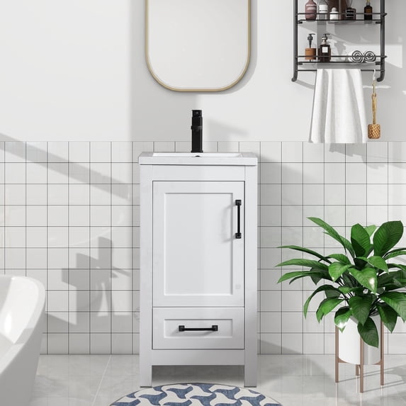 Eclife 18" White Bathroom Vanity Set with Ceramic Sink Top, Water Saving Faucet Drain