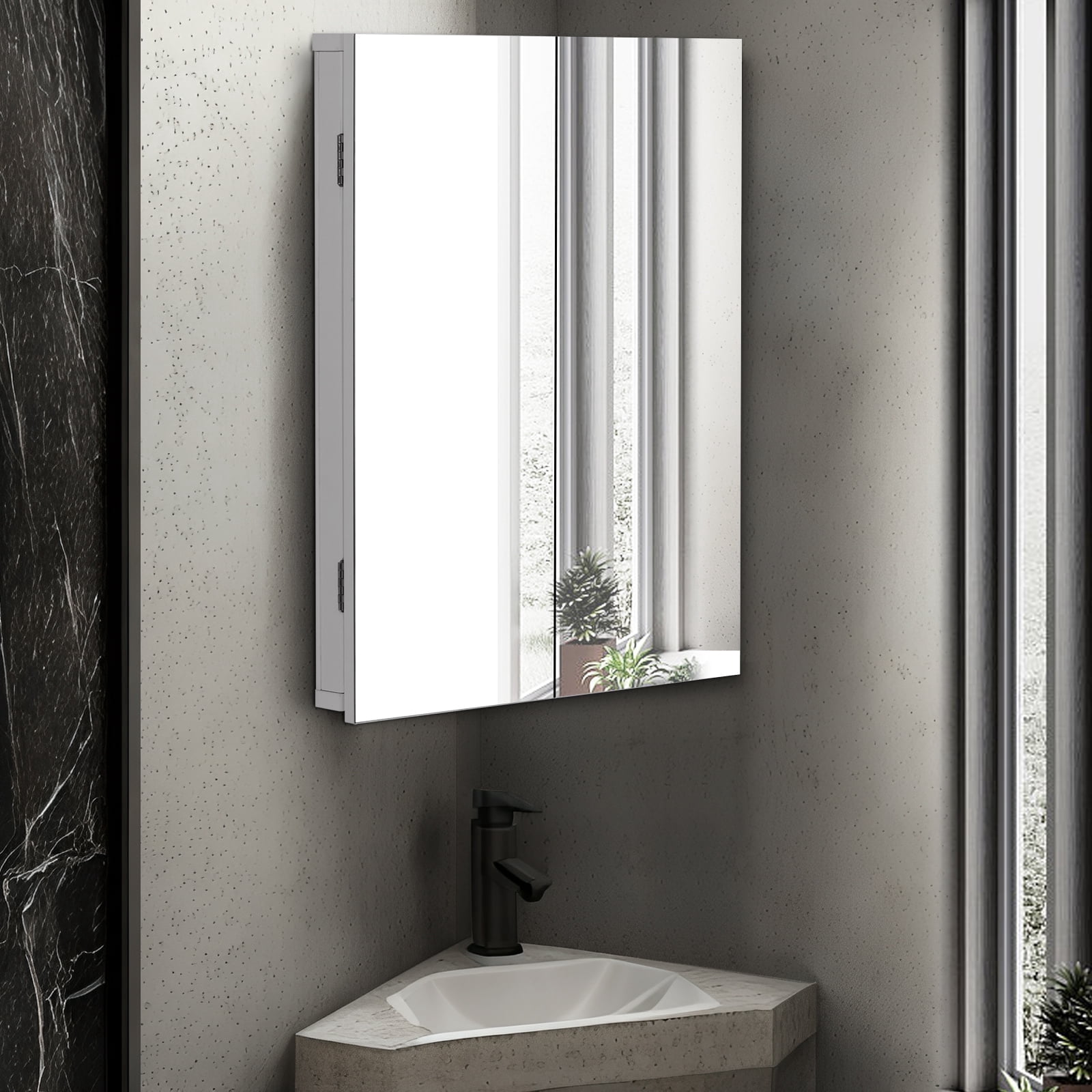Eclife 2 Doors Corner Medicine Cabinet with Mirror Wall Mounted Bathroom Organizer, White
