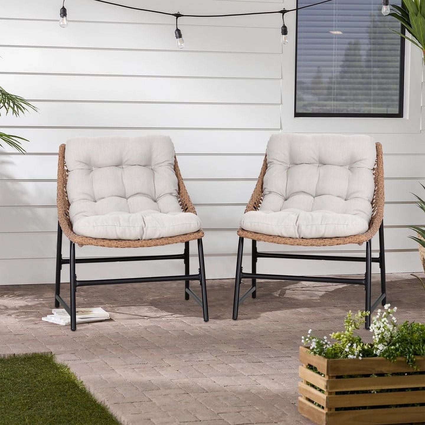 Eclife 2-Piece Outdoor Rattan Wicker Metal Patio Chairs Set, Lawn Furniture for Home, Porch ...