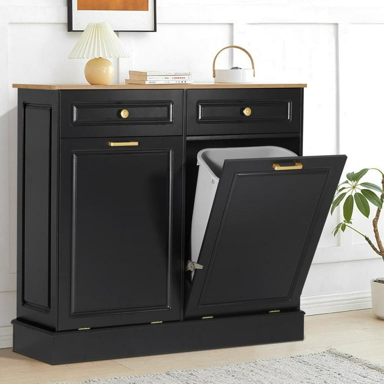 Tilt Out Trash Bin Cabinet Wooden with Negative Ion and Deodorizing Kitchen  Trash can Laundry Sorter