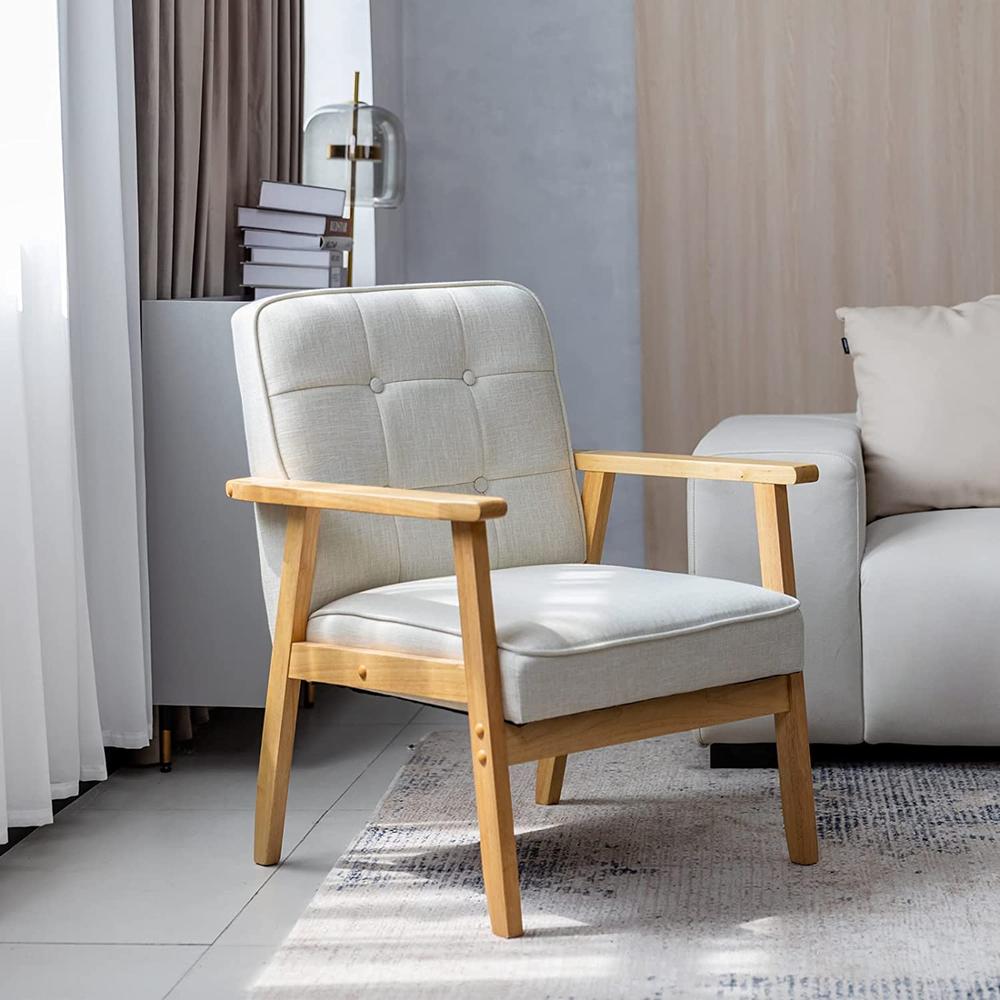 Eclife 22.8" Fabric Mid-Century Modern Wood Accent Chair Wide Armchair Single Chair with Memory Foam Cushions for Adult Small Space Living Room Club Bedroom, White - image 1 of 6