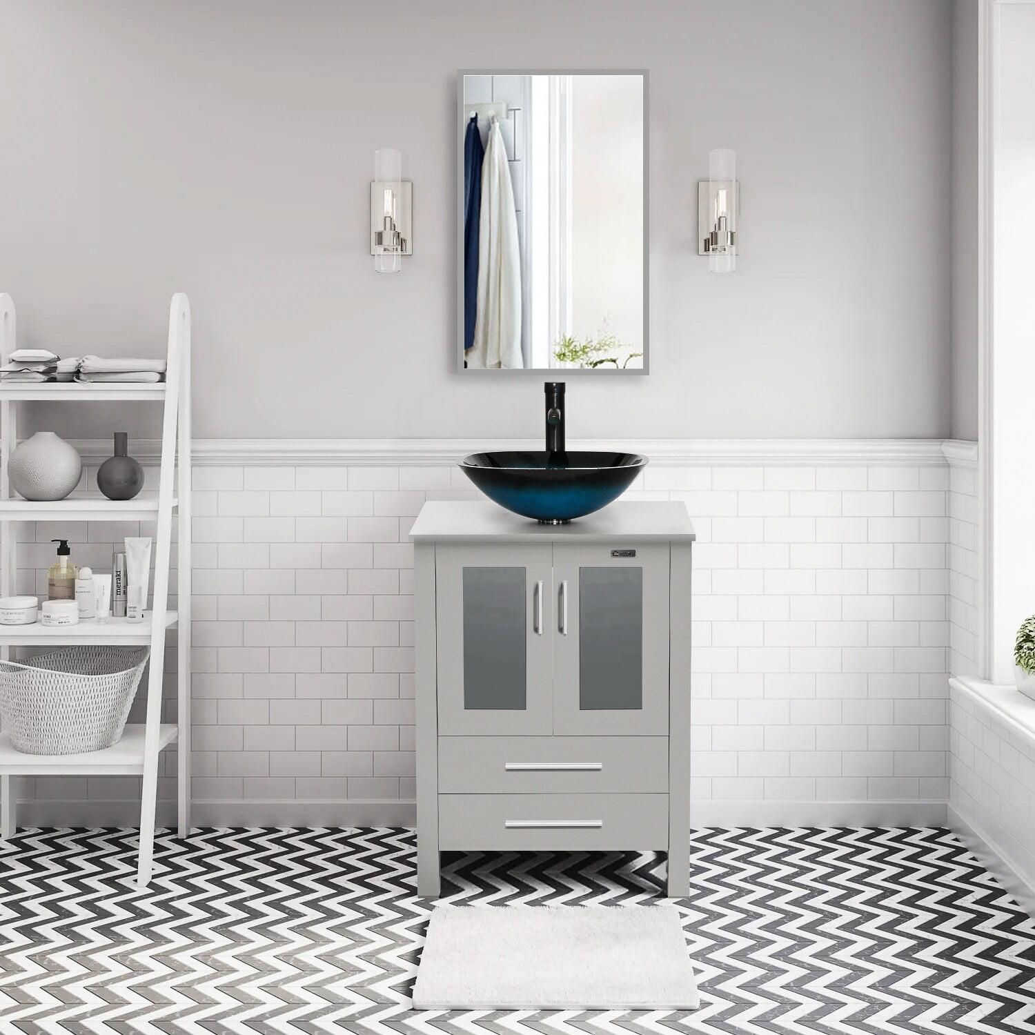 Eclife 24" Bathroom Vanity Gray Set Glass/ Ceramic Vessel Sink Cabinet ...
