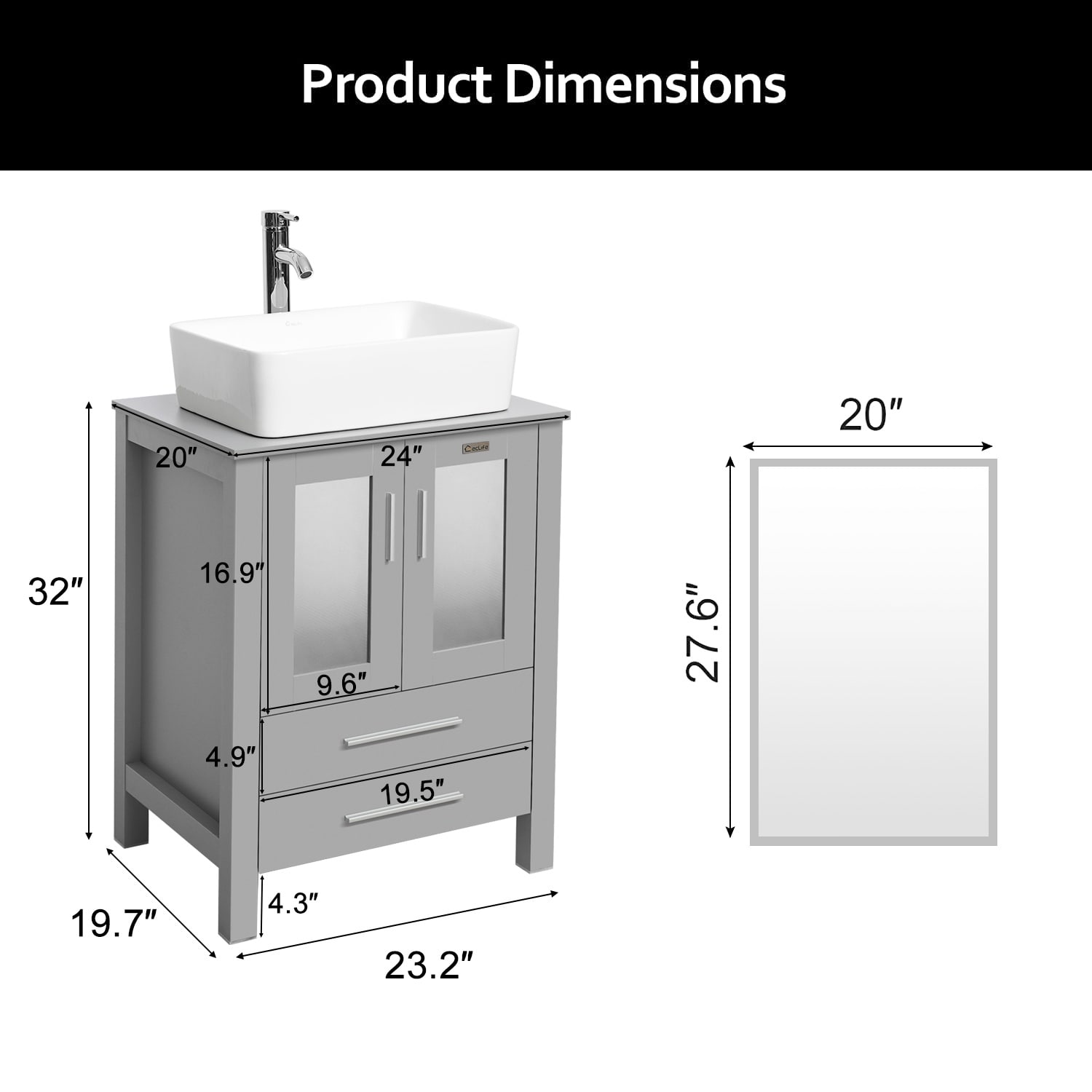 Eclife 24" Bathroom Vanity Gray Set Glass/ Ceramic Vessel Sink