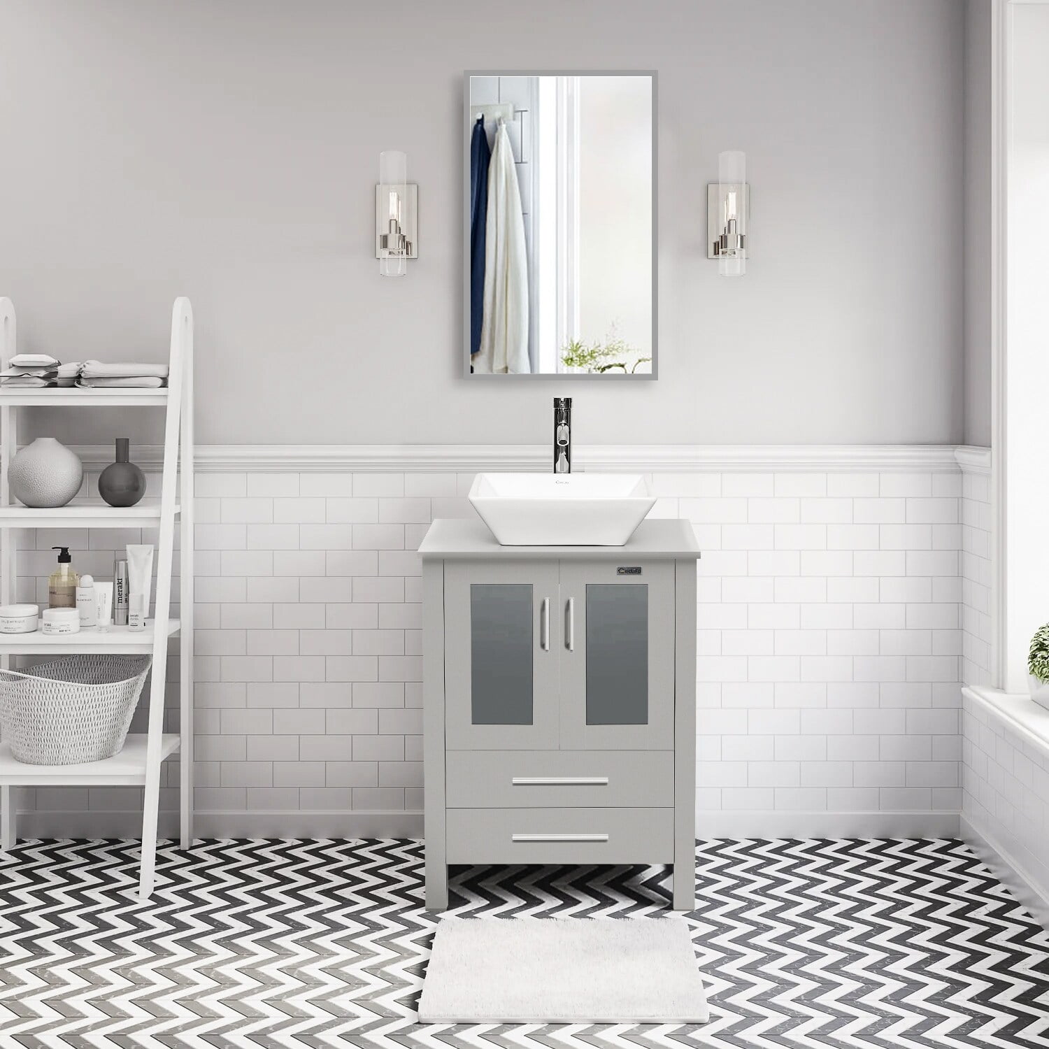 Eclife 24" Bathroom Vanity Gray Set Glass/ Ceramic Vessel Sink