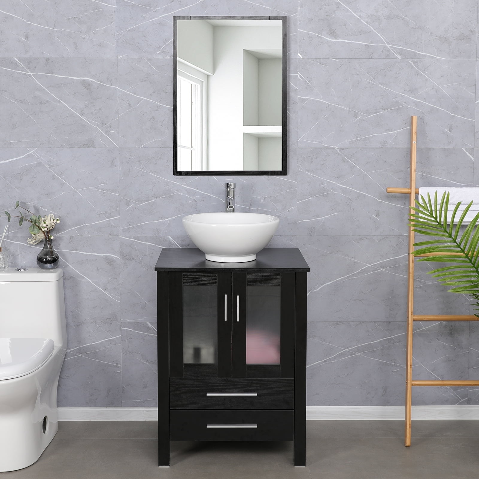 Eclife 24" Black Bathroom Vanity Set with Wood Top, White Ceramic Sink, Water Saving Faucet,Pop up Drain Combo