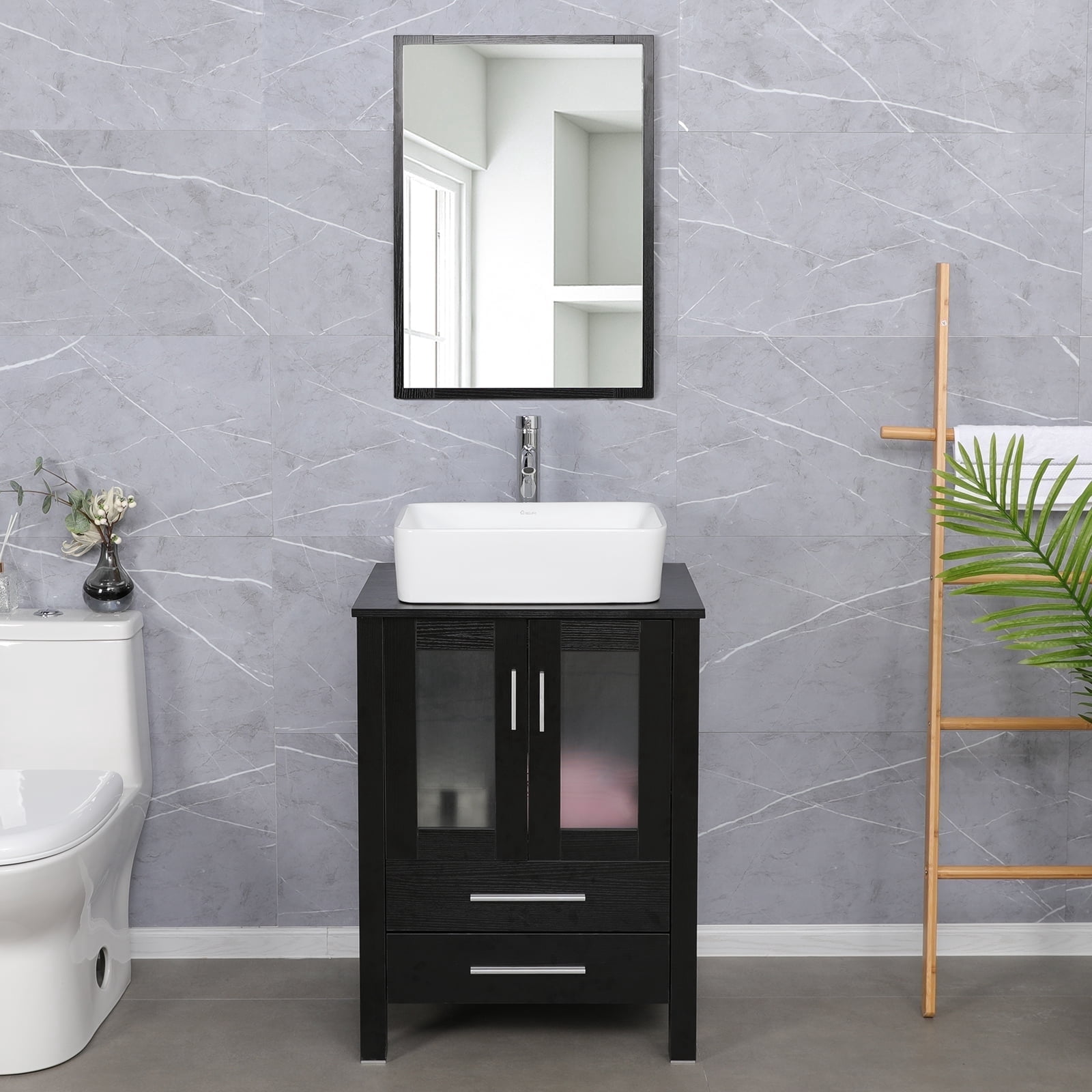 Eclife 24" Black Bathroom Vanity Set with Wood Top, White Ceramic Sink, Water Saving Faucet, Pop up Drain Combo