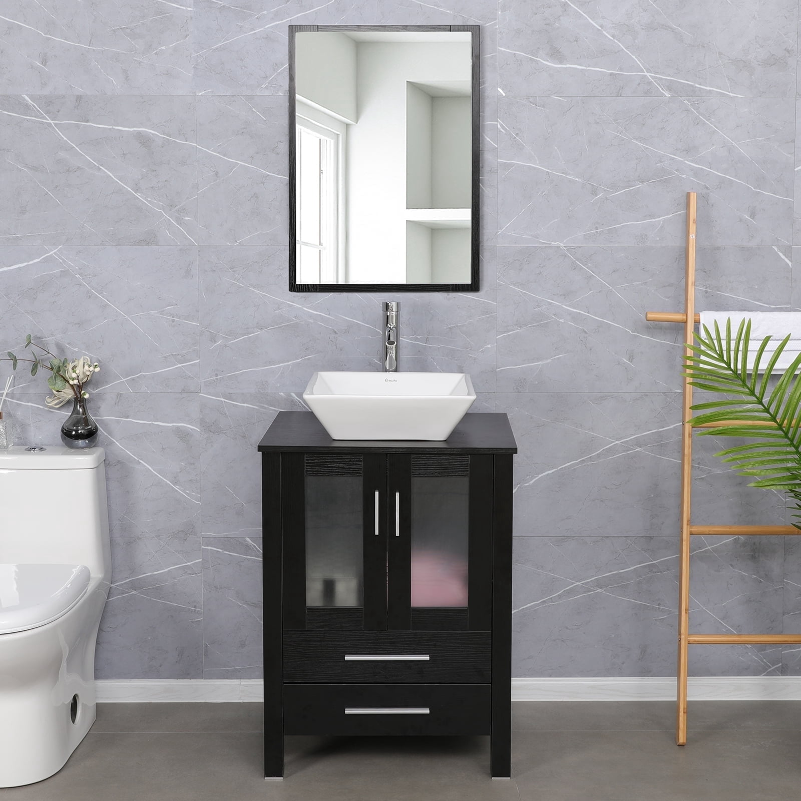 Eclife 24" Black Bathroom Vanity Set with Wood Top, White Ceramic Sink, Water Saving Faucet,Pop up Drain Combo
