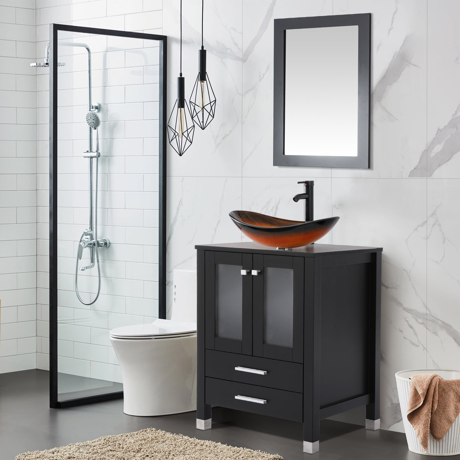 Eclife 24" Black Single Bathroom Vanity with Plywood Top Glass