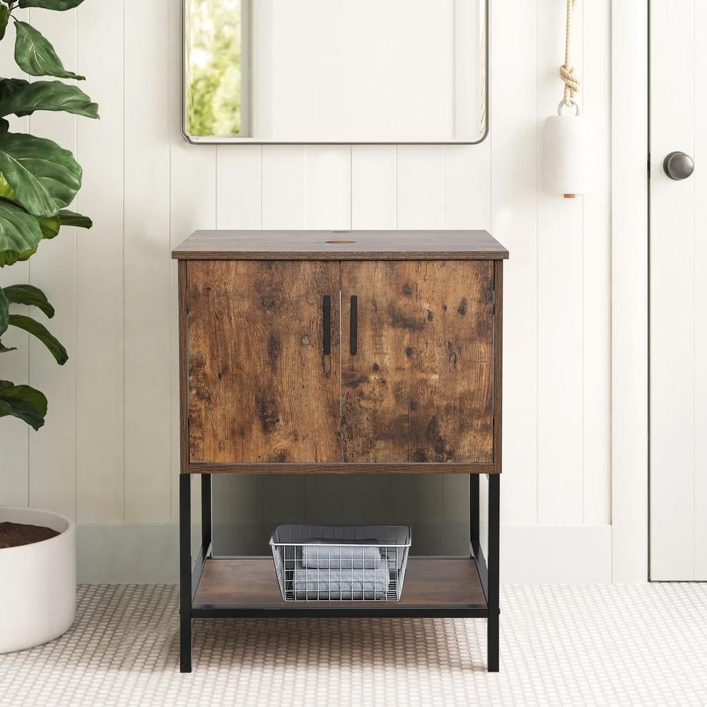 Eclife 24" Brown Bathroom Vanity with Rustic Wood Cabinet, Metal Shelf, Soft Closing Doors, 1 Piece