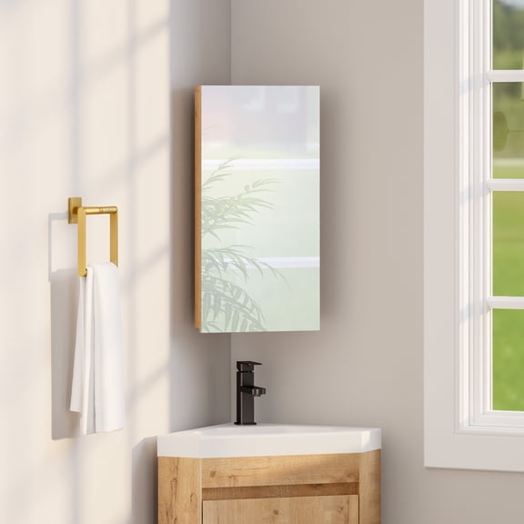 Eclife 24" Corner Medicine Cabinet with Mirror Space-Saving 1 Door Triple Shelf Stylish and Functional Rectangle Bathroom Vanity Storage Organizer, Oak