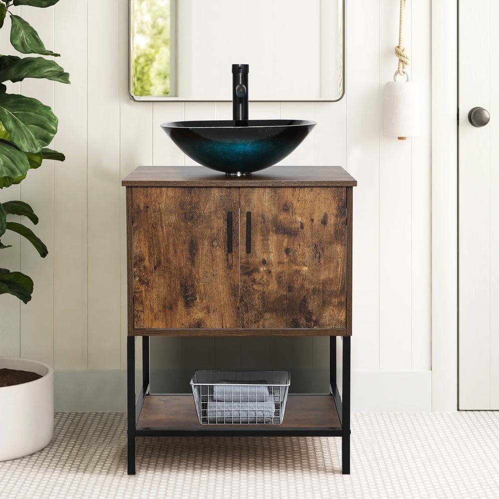Eclife 24" Farmhouse Bathroom Vanity with Rustic Brown Wood Top,Blue Glass Sink, Water Save Faucet,Solid Brass Pop Up Drain