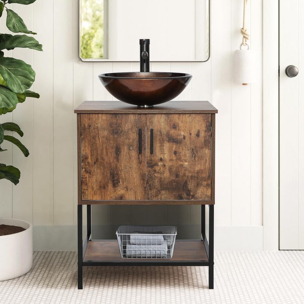 Eclife 24" Farmhouse Bathroom Vanity with Rustic Brown Top, Brown Glass Sink