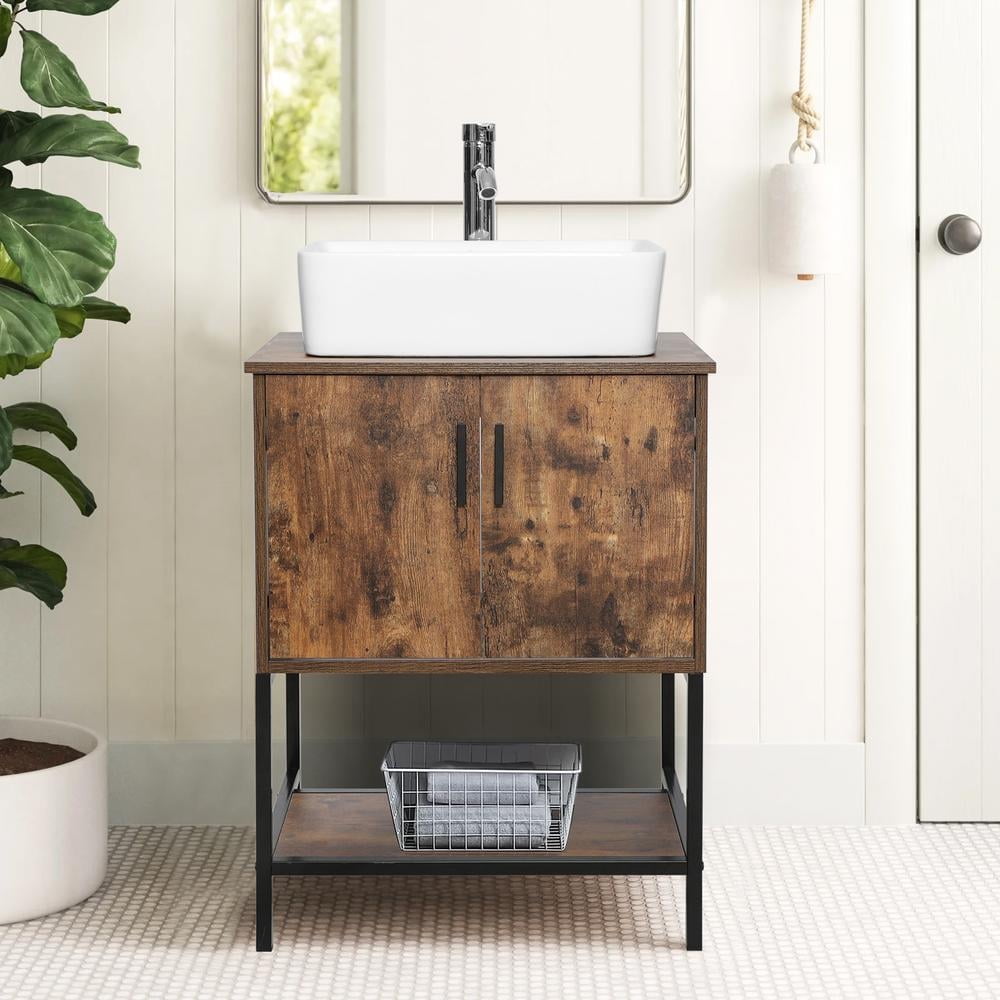 24" Rustic Brown MDF Freestanding Vanity with White Ceramic Sink