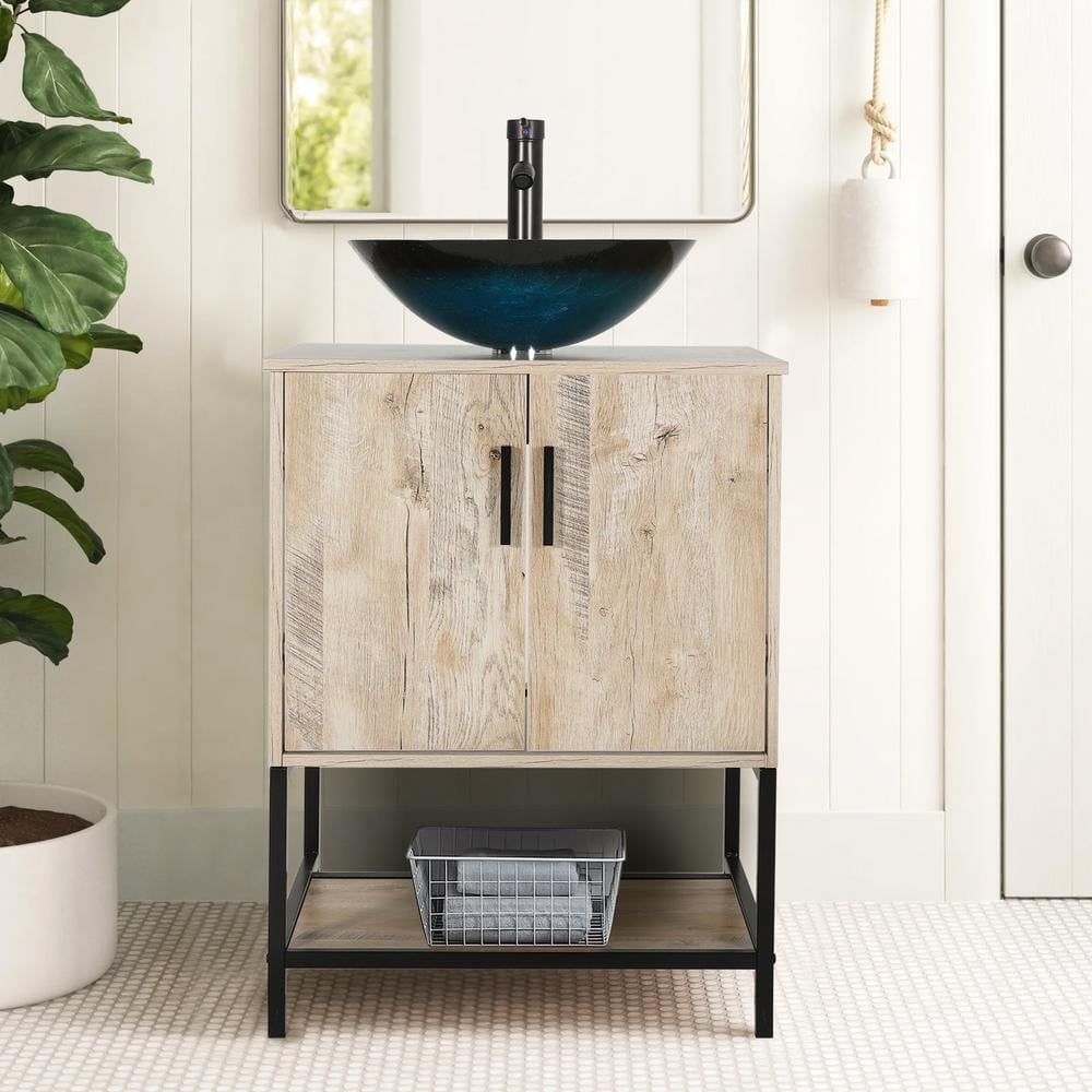 "Eclife 24"" MDF Bathroom Vanity, Rustic Oak Top, Blue Glass Sink, Water-Saving Faucet, Brass ...