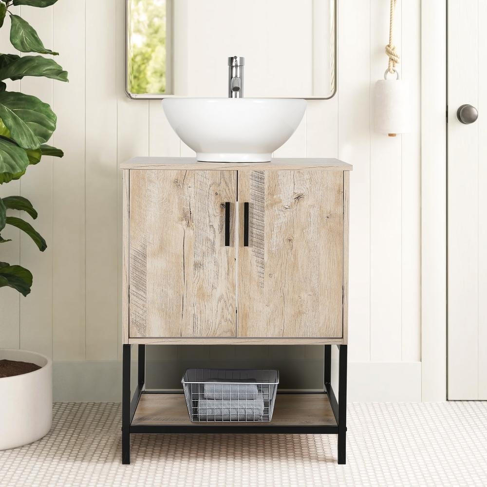 Eclife 24" Farmhouse Bathroom Vanity with Rustic Oak Wood Top,White Ceramic Sink, Water Save Faucet,Solid Brass Pop Up Drain