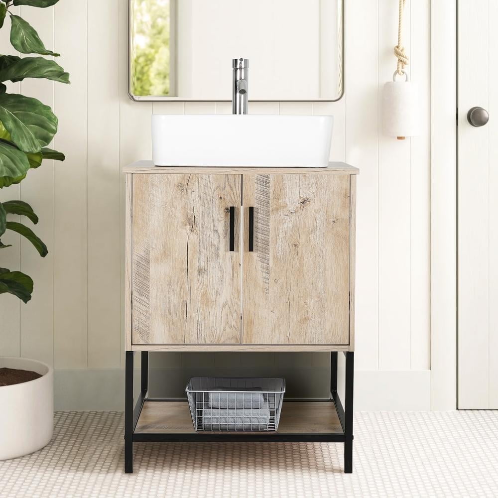 Eclife 24" Farmhouse Bathroom Vanity with Rustic Oak Wood Top,White Ceramic Sink, Water Save Faucet,Solid Brass Pop Up Drain