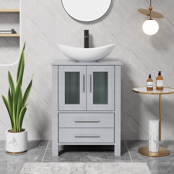 Eclife 24" Freestanding Sinlge Bathroom Vanity With Ceramic Vessel Sink, Faucet, Drain