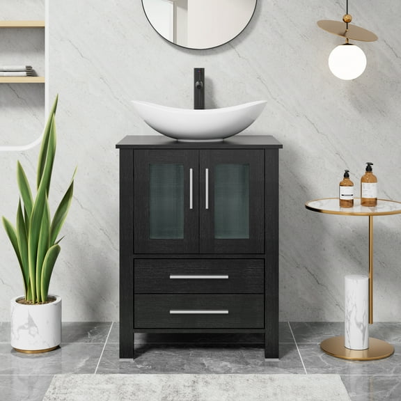 Eclife 24" Freestanding Sinlge Bathroom Vanity With Ceramic Vessel Sink, Faucet, Drain