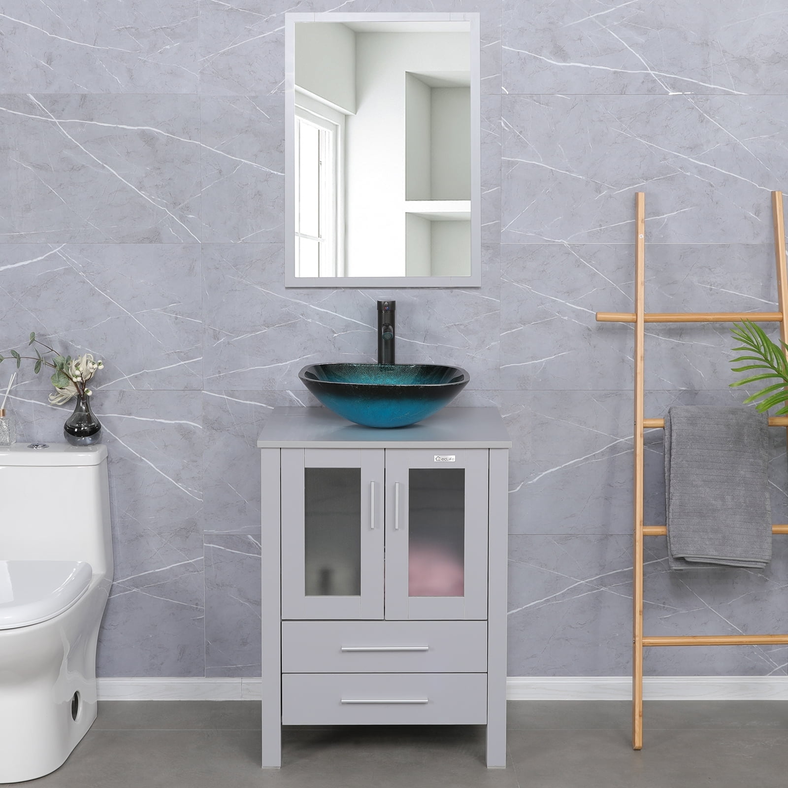 Eclife 24" Gray Bathroom Vanity Set with Wood Top,Green Glass Sink, Water Saving Faucet, Pop up Drain Combo