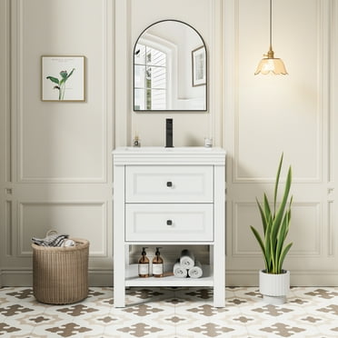 Eclife 24-Inch Small Bathroom Vanity with Ceramic Sink Top, 2 Drawers, and Faucet