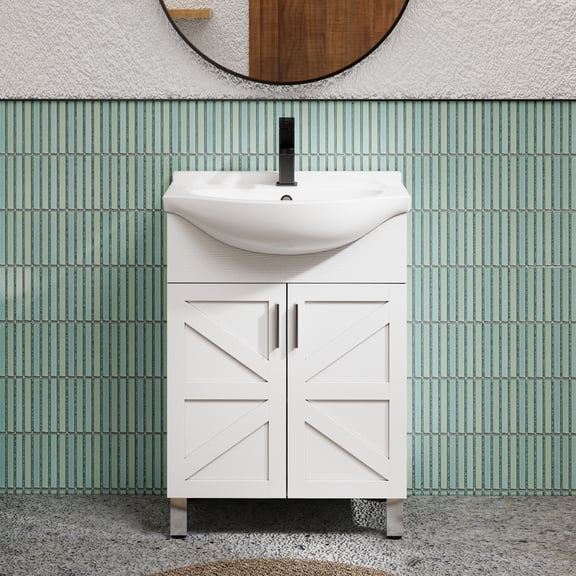 Eclife 24" Modern Freestanding Bathroom Vanity with Euro-Style Ceramic Sink Top, Soft-Close Doors